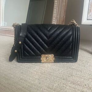 Chanel Black Caviar Chevron Boy Bag with Champagne Gold Hardware